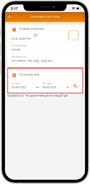 Bước 2 : Mục Tra cứu giao dịch » Kiểm tra thời gian